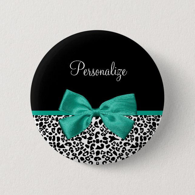 Badge Rond 5 Cm Empreinte de léopard Emerald Green Ribbon Bow Nom  (Devant)