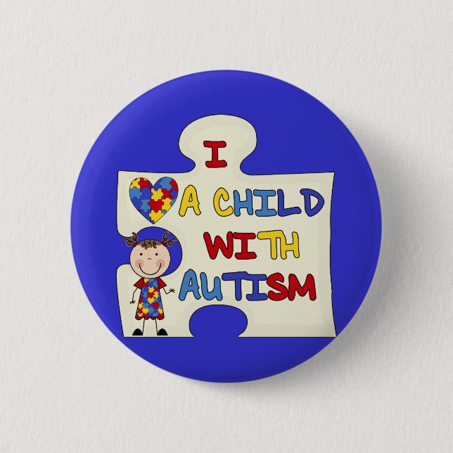 Badge Rond 5 Cm Enfant avec la fille 2 de brune d'autisme (Devant)