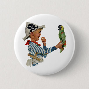 Badge Rond 5 Cm Enfant vintage, Garçon Jouant Pirate Parrot Bird