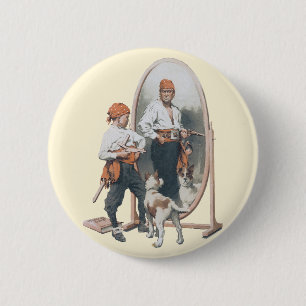 Badge Rond 5 Cm Enfant vintage, Petit Pirate, Chien, Miroir, Bouca