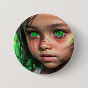 Badge Rond 5 Cm Enfants tribaux Yeux verts futuristes