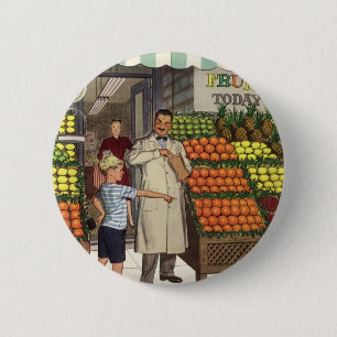 Badge Rond 5 Cm Entreprise vintage, stand de fruits avec Grocer et