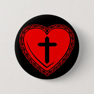 Badge Rond 5 Cm Épinglette Cœur + Croix Gothique (Noir + Rouge)
