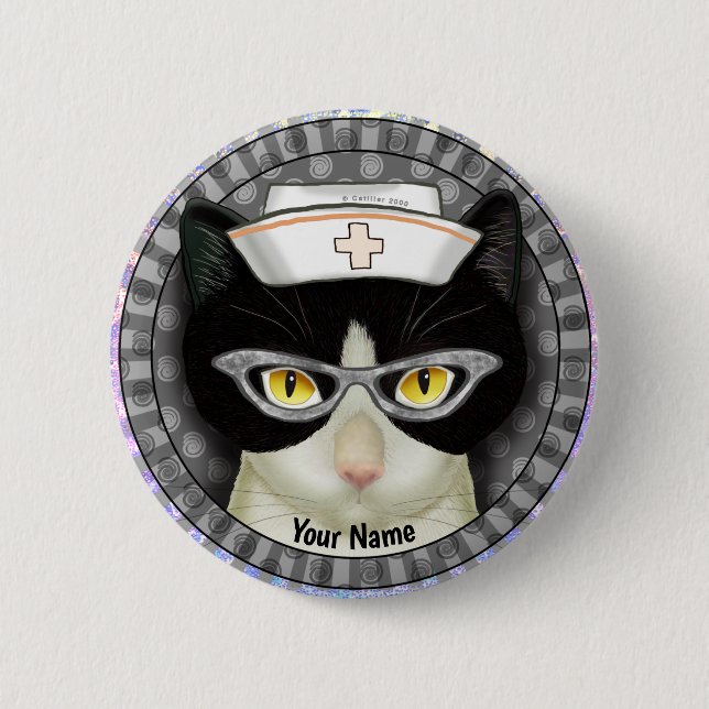Badge Rond 5 Cm Épinglette de l'infirmière de chat Tuxedo (Devant)