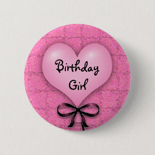 Badge Rond 5 Cm Épinglette Fille Anniversaire Ballon Coeur Rose