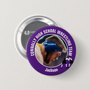Badge Rond 5 Cm Équipe de lutte violette Photo Lycéen Lutteur