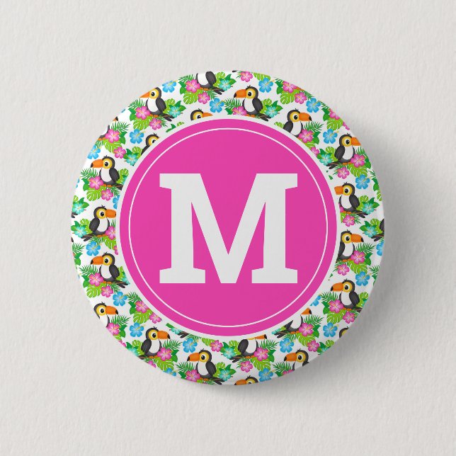 Badge Rond 5 Cm Été Tropical Toucan et modèle floral (Devant)