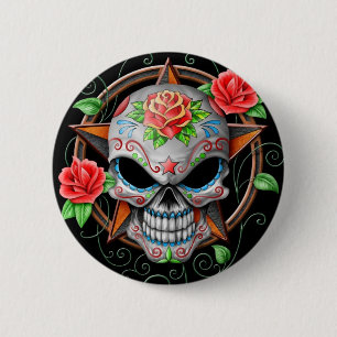 Badge Rond 5 Cm Étoile de crâne de sucre, noire