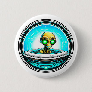 Badge Rond 5 Cm Extraterrestre Alien volant dans un OVNI