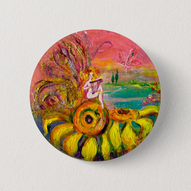 Badge Rond 5 Cm FAIRY OF THE SUNFLOWERS jaune rose noir (Devant)