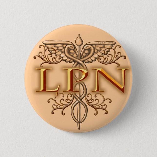 Badge Rond 5 Cm Fancy Cuivre Caduceus LPN Infirmière (Devant)