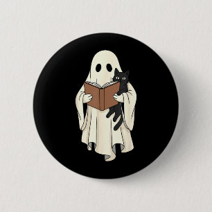 Badge Rond 5 Cm Fantôme et chat noir lisant Halloween