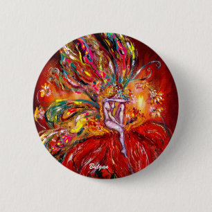 Badge Rond 5 Cm FÉE de FLEUR DANS l'imaginaire ROUGE