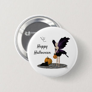 Badge Rond 5 Cm Fée d'Halloween avec bouton Citrouille