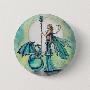 Badge Rond 5 Cm Fée Dragon Aigue-Marine Art Fantastique