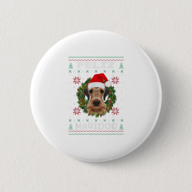 Badge Rond 5 Cm Feliz Navidog Airedale Terrier Chien Sant (Devant)