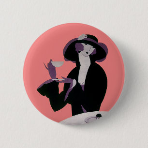 Badge Rond 5 Cm Femme Art Déco vintage, Thé d'après-midi et Cupcak