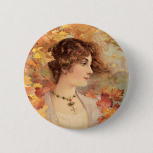 Badge Rond 5 Cm Femme d'automne Art Nouveau Imprimé de feuillage d