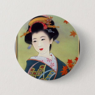 Badge Rond 5 Cm Femme japonaise dans le kimono bleu