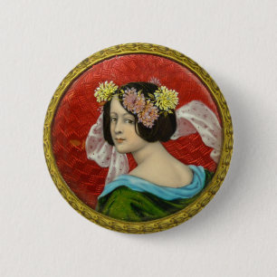 BADGE ROND 5 CM FEMME ROMANTIQUE AVEC FLEURS VINTAGE ENAMI