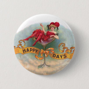 Badge Rond 5 Cm Femme victorienne Champagne Rouge Happy