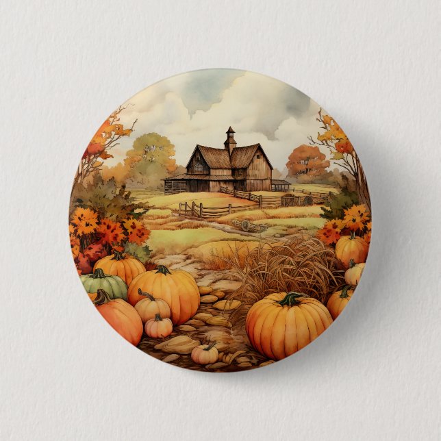 Badge Rond 5 Cm Ferme citrouille automne récolte Thanksgiving (Devant)