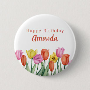 Badge Rond 5 Cm Fête d'anniversaire aux tulipes aquarelles 