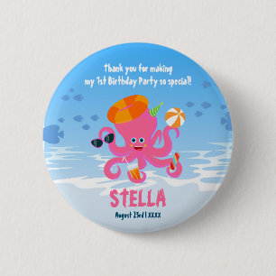 Badge Rond 5 Cm Fête d'anniversaire de bébé fille pieuvre rose d'é