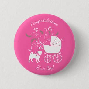 Badge Rond 5 Cm Fête de la fête du chien Carlin rose