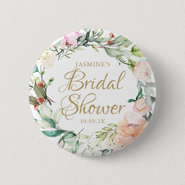 Badge Rond 5 Cm Fête des mariées rose Floral Gold Script Mariage (Devant)