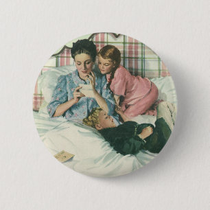 Badge Rond 5 Cm Fête des mères vintage, enfants lisant des cartes 