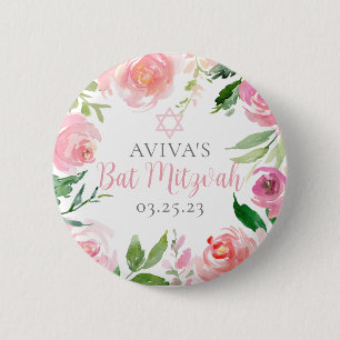 Badge Rond 5 Cm Fête élégante de Bat Mitzvah Fleurs roses personna