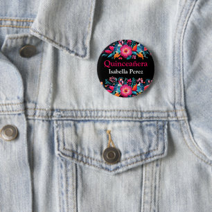 Badge Rond 5 Cm Fête Mexicaine Fleurs Noires Quinze Ans