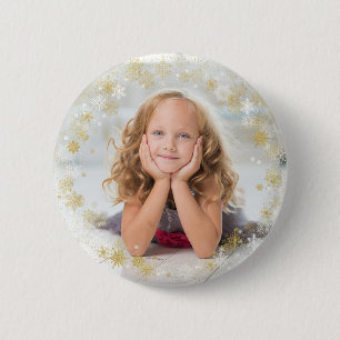 Badge Rond 5 Cm Fêtes de Noël - Cadre blanc et doré pour flocon