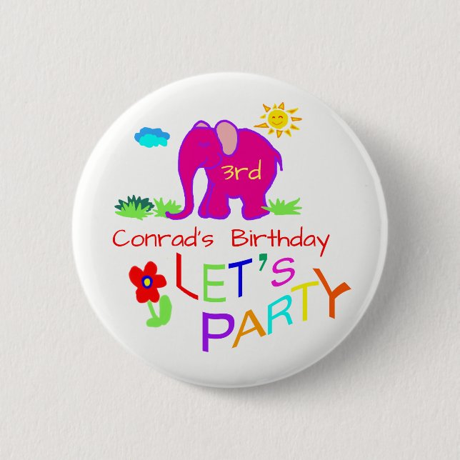 Badge Rond 5 Cm Fêtons l'éléphant coloré Nom et âge Anniversaire (Devant)
