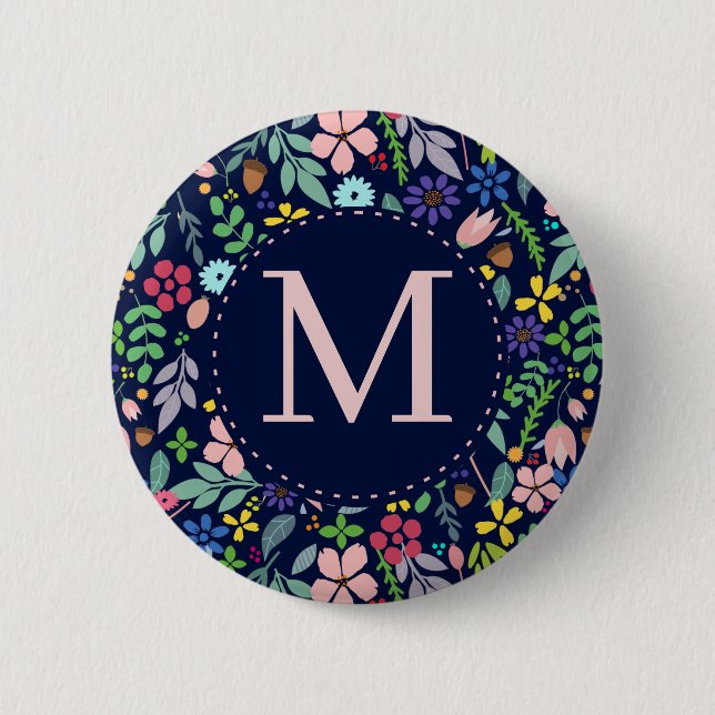 Badge Rond 5 Cm Feuillage Moderne Monogramme Floral (Devant)