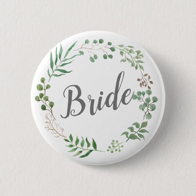 Badge Rond 5 Cm Feuilles de couronne vert botanique | Mariée (Devant)