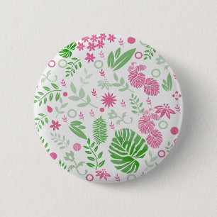 Badge Rond 5 Cm Feuilles et fleurs vertes et roses