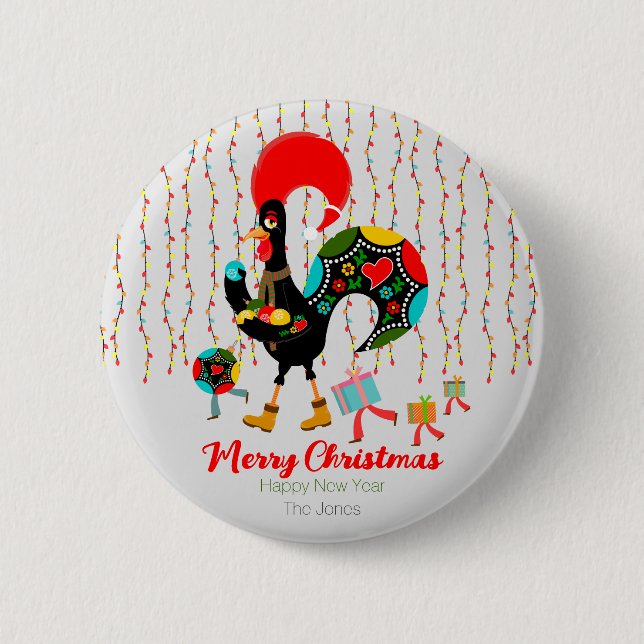 Badge Rond 5 Cm Feux de Noël, baubles, cadeaux et coq (Devant)