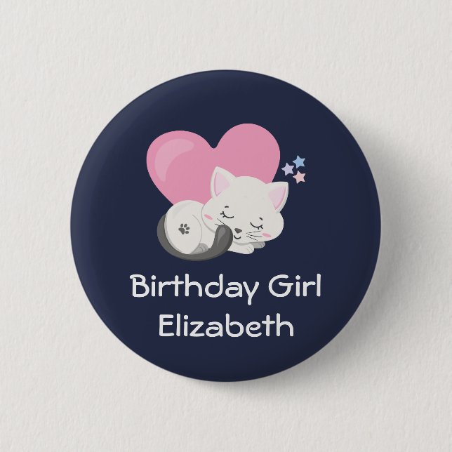 Badge Rond 5 Cm Fille Anniversaire mignonne Blanc Kitty Chat Dormi (Devant)