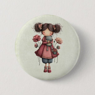 Badge Rond 5 Cm Fille avec une poupée grenouille mignonne fantaisi