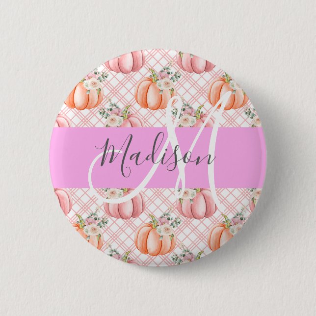 Badge Rond 5 Cm Fille Chic Floral Rose Pêche Citrouille Nom du mon (Devant)
