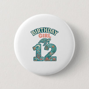 Badge Rond 5 Cm Fille d'anniversaire 12 Tortue de mer Océan Vintag