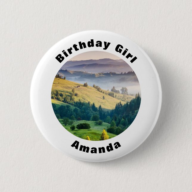 Badge Rond 5 Cm Fille d'anniversaire Collines ondoyantes Photo de  (Devant)