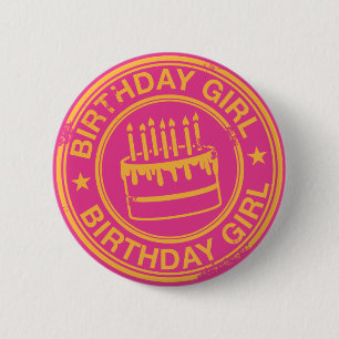 Badge Rond 5 Cm Fille d'anniversaire - effet jaune de tampon en