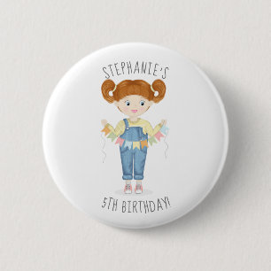 Badge Rond 5 Cm Fille d'anniversaire en salopette rousse