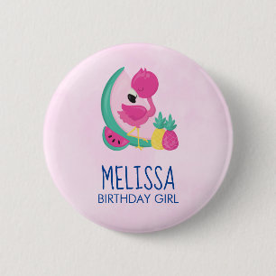 Badge Rond 5 Cm Fille d'anniversaire Flamant rose rose Fruits trop