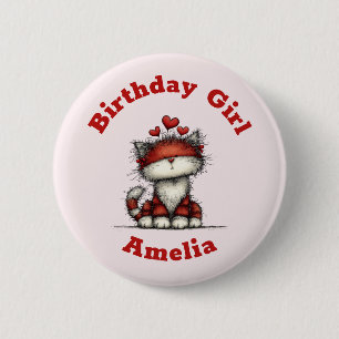 Badge Rond 5 Cm Fille d'anniversaire mignonne avec chat et coeurs