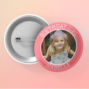Badge Rond 5 Cm Fille d'anniversaire personnalisée Nom et photo