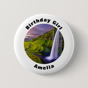 Badge Rond 5 Cm Fille d'anniversaire photo de cascade islandaise